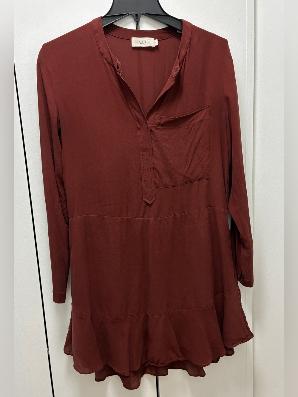 A.L.C. Rust Red Long-Sleeve Silk Dress with Chest Pocket